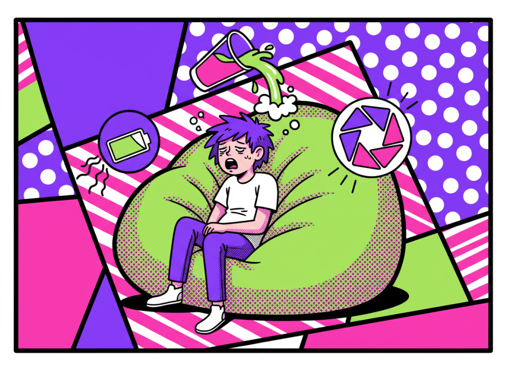 Sosyal enerjisi tükenmiş bir gençi ve boşalmış bir pil göstergesini anlatan canlı pop art illüstrasyon