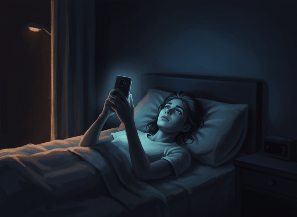 Gece yarısı yatağında uyanık yatan, telefon ışığıyla aydınlanmış kişiyi gösteren karanlık atmosferik dijital resim
