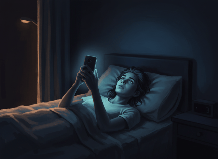 Gece yarısı yatağında uyanık yatan, telefon ışığıyla aydınlanmış kişiyi gösteren karanlık atmosferik dijital resim